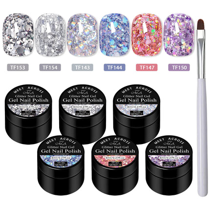 7PCS/SET Glitter Nail Polish,Sparkly Shiny UV LED Soak Off 6Colors Gel Polish Kit Home DIY Manicure Nail Salon Varnish With Tool