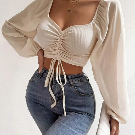 Drawstring Front Sheer Sleeve Crop T-Shirt Women Plunge Neck Long Sleeve Rib-knit Ruched Blouse Sexy Top Spring Summer Outfit