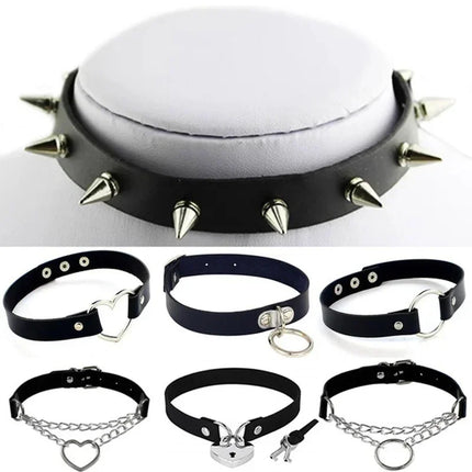 Woman Black Punk Choker Collar Necklace Sexy PU Leather Heart Lock Key Spike Chocker Gothic Cosplay Accessories Party Jewelry
