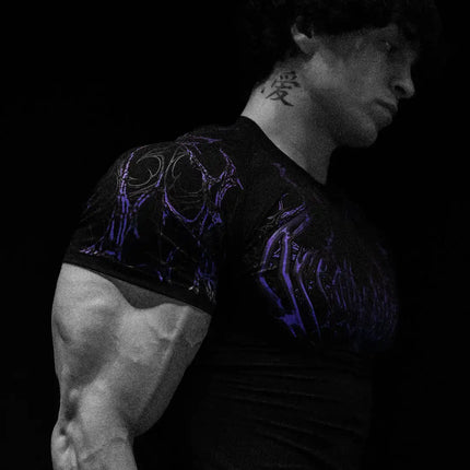 05-Men's Wing & Cross Print Compression Tight Fit Short Sleeve Sports Shirt Workout Tops Gym Compression High Stretch