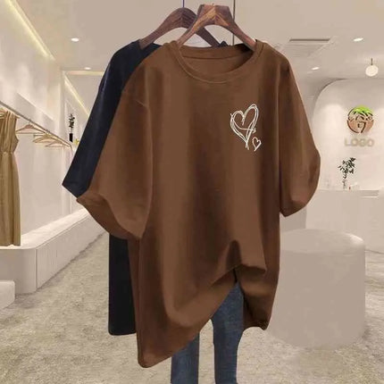 Summer 2025 New Elegant Love Print T-shirts Women Clothing Casual Loose Cotton Pullover Office Lady Basic Short Sleeve Top Tees