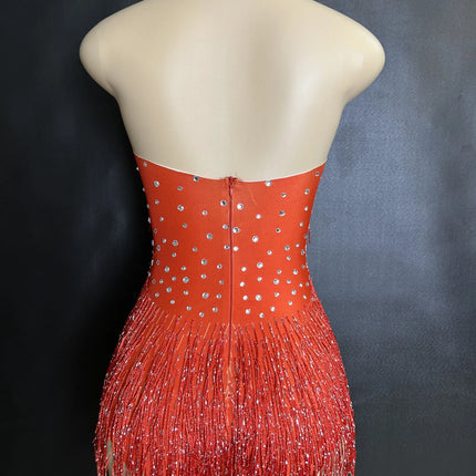 Sparkly Rhinestones Fringe Bodysuit Women Nightclub Party Dance Costume Stage Wear Sexy Tassel Leotard Performance Clothing 7G
