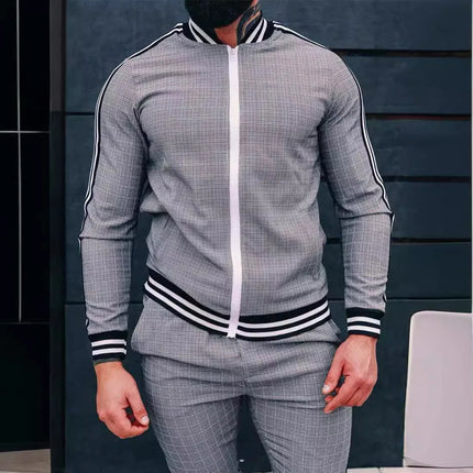 2025 Men Tracksuit 2pc Set Gym Hiking Plaid Zipper Hoodie Cargo Pants Autumn Athleisure Outfit Fleece Jogger Sportswear