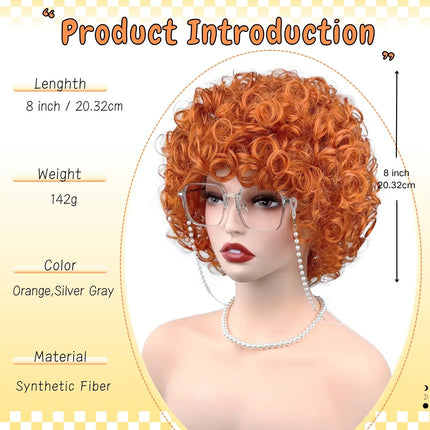 Adult Short Orange and Silver-Gray Curly Wig, Soft and Breathable, Heat-resistant Synthetic Fiber, Suitable for Daily Wear
