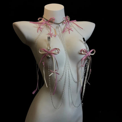 New Pink Tassel Bow Nipple Clips Bell Body Chains Erotic Accessories Detachable One-Piece Necklace Fetish Adult Sex Toys Breast