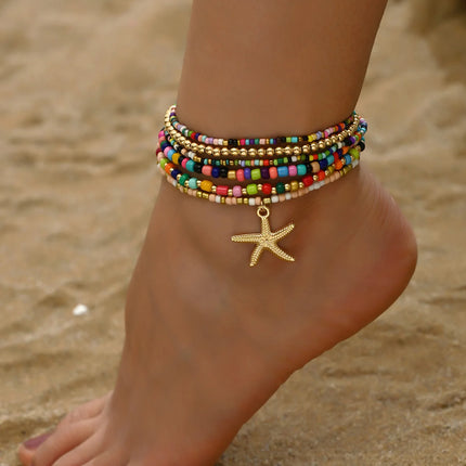 Multilayer Bohemia Rice Bead Anklet Set for Women Fashion Starfish Pendant Anklets Summer Sandy Beach Ankle Chain on Leg Jewelry