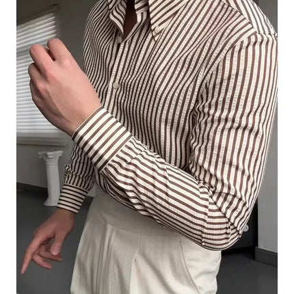 2025 Bubble Shirt Stripe Long Sleeve Men's Business Casual Neck Button Pointed Collar Autumn Fashion Versatile Shirt