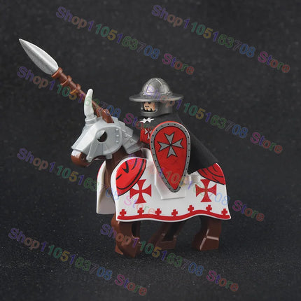 MOC Medieval Military Crusader Knight Building Blocks Castle Army Soldier Figure Horse Mount Shield Sword Accessories Bricks Toy