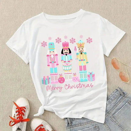 Christmas T-Shirts Pink Winter Christmas Nutcracker Soldier T-Shirt Fashion Casual Blouse Printed Round Neck Short Sleeve Unisex