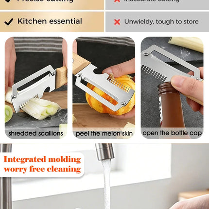 3-in-1 Serrated Peeling Knife  Premium Vegetable Peeler With Wooden Handle And Bottle Opener Kitchen Tool Smooth Operation