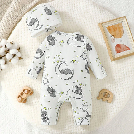 2pcs Baby Cute Cartoon Elephant Pattern Embroidery Long Sleeve Romper With Hat