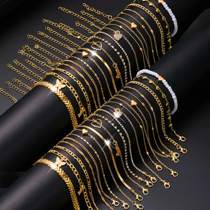 40-Piece Set/20-Piece Set/7-Piece Set Elegant Daily Vacation Metal Material Women's Gold Anklet Set Heart Butterfly Pendant Seaside Vacation Daily Party Wear Fashion Jewelry Popular Accessories