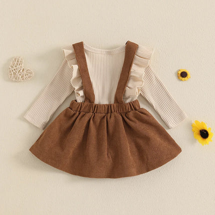 0-18months Baby Girl Spring Fall Outfit Solid Ruffled Long Sleeve Crew Neck Romper with Corduroy Suspender Overalls 2 Pcs Set