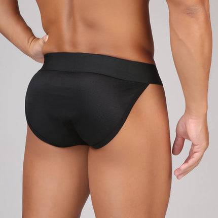 Hollow Penis Pouch Briefs Men Underwear Sexy Underpants Man Panties Mesh Lingerie High-cut Wide Waistband Metal Buckle Decor