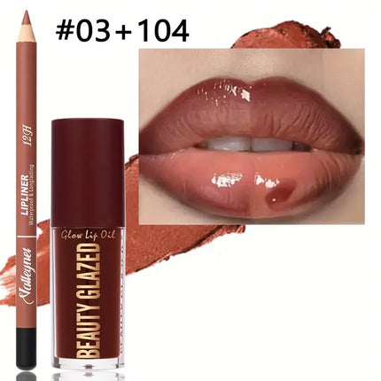 2pcs/SET Makeup Set: Matte Lip Liner + Moisturizing Colored Lip Oil,Long-Lasting and Easy to Color, Waterproof,ini Makeup Combo
