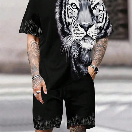 2024 New Crew Neck Short Sleeve T-shirt Fashion Shorts Set 3D Lion Print Short Sleeve Shorts 2-piece Men's Summer Sports Set