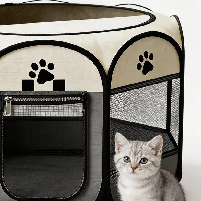 Foldable Octagonal Pet Playpen & Portable Travel Tent - Spacious Indoor/Outdoor Kennel Cage with Scratch-Resistant Oxford Fabric for Dogs, Cats, Puppies, and All Small Animals | Easy Setup, Durable & Easy to Carry | Plus, 1 R