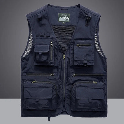 Summer Men's Casual Vest Solid Color Multi-pocket Mesh Patchwork Breathable Sleeveless Vest Camping Fishing Photography Vest Top