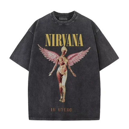 Nirvana rock band men's Retro cotton Washed Tee In Utero album man Women's oversized Y2K distress Tshirt Casual Loose streetwear