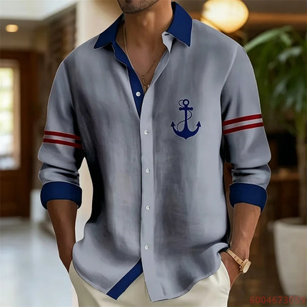 2026 Summer New Men's Long-Sleeve Shirt, Contrasting Collar with Anchor Print, Fashionable Casual Hawaiian Shirt, XS-6XL