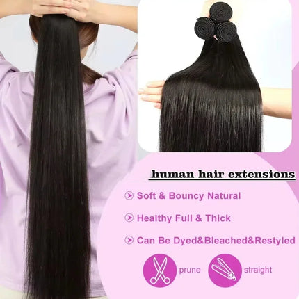 26 28 30 40 Inches Straight Human Hair Bundles Brazilian Raw Remy Weave 100% Unprocessed Extension Weft Natural Black For Women