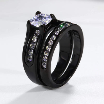 Fashion Couple Rings Women's White Rhinestones Zircon Ring Sets Men's Stainless Steel Zircon Stones Rings Wedding Band Jewelry