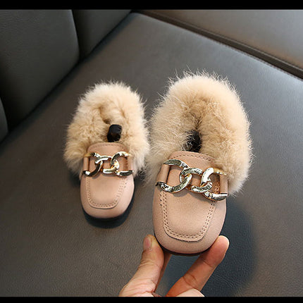 Kids Fur Shoes Children Velvet Shoes Baby Girls Warm Flats Toddler Black Brand Shoes Princess Loafer Chain Moccasin For Winter