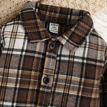 Outdoor Casual Set For Male Infants In Autumn And Winter Featuring Long-Sleeved Plaid Shirts And Long Pants Jumpsuits