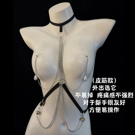 Women's Nipple Clamps Body Chain with Tassel Bells and Pearl Chain Body Restraint SM Fetish Toy Couples Flirtation Adult Toy