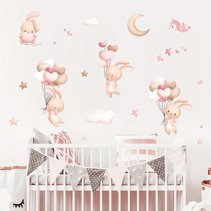 Cartoon Cute Rabbit Balloon Animal Wall Stickers Removable for Kids Room Living Room Nursery Background Decoration Wall Decals