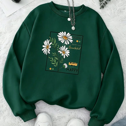 Women Daisy Floral Graphic Sweatshirt Girls Casual Crew Neck Pullover Oversized Soft Fleece Long Sleeve Trend Streetwear Y2K Top