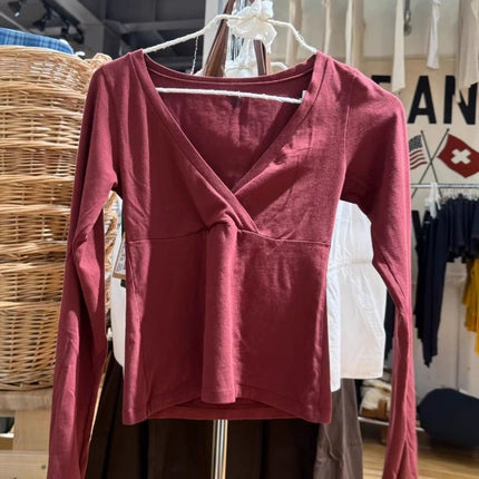 Burgundy Long Sleeve T-shirts Woman Autumn V-neck Cotton Slim Crop Top Casual Simple Solid All-match Basic Tshirts Y2k