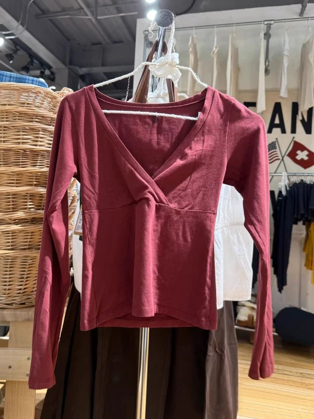 Burgundy Long Sleeve T-shirts Woman Autumn V-neck Cotton Slim Crop Top Casual Simple Solid All-match Basic Tshirts Y2k