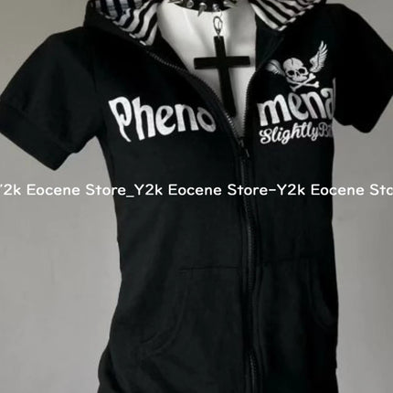 Y2K Subculture Skull Print Zip Cardigan Short Sleeve Women Japan Slim Fit Striped Hoodie Casual Tops Fashion Streetwear Clothes