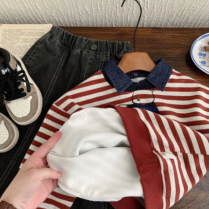 Children Polo Shirts 2025 Autumn Denim Tops for Kids Boys Striped Jumper Cartoon Girls Pullover Toddler Sweatshirts Baby Clothes