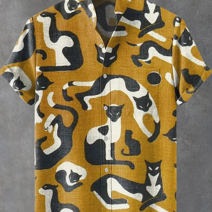 Men's summer fashion linen short sleeved shirt with cartoon cute cat print pattern casual men's top