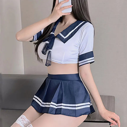 Sexy Ladies Babydoll Erotic Crotchless For Bed Pornographic Lace V Hollow Open Uniform Dress Sex Student Lingerie Set JK Costume