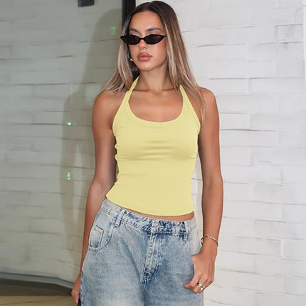 Hugcitar 2025 Summer Ribbed Halter Backless Solid Sexy Crop Tank Top Casual Y2K Women Clothes Beach Vacation Streetwear Yoga