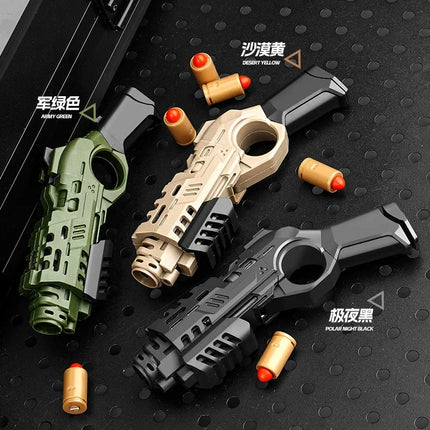EDC Shootable Toy Pistol with 1-Button Shell Ejection and Card Pushing Function, Black Technology Mini Handgun for Stress Relief