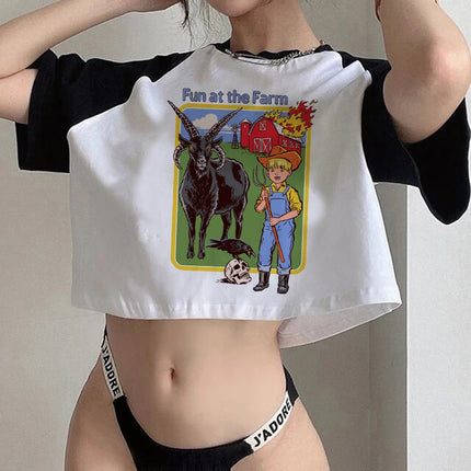Crop Top Gothic Horror Y2k Aesthetic 90s Satan T Shirt Women Satanism Evil Demon Grim Death Tshirt Female Cropped T-shirt