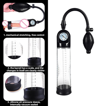 Effective Penis Pump for Men Enlargement Vacuum Dick Extender with Pressure Gauge Realistic Vaginal Sleeve 3 Silicone Inserts