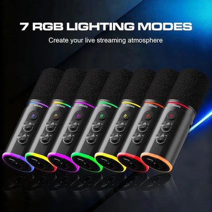 XLR/USB Podcast Microphone, Gaming Mic with Mute Button, Reverb Effects, Noise Cancellation, Boom Arm Stand, Headphones Jack