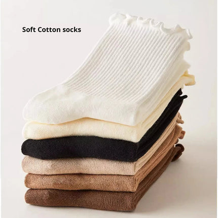 Cotton Socks for Women Girls Ruffle Top Solid Color Spring Autumn Breathable Soft Mid-calf Sock 1 Pair or 2 Pairs
