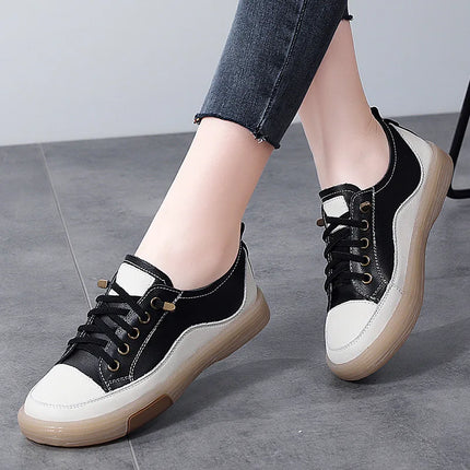 Genuine Leather Women Soft Sole Walking Shoes Girl Student Jogging Sneaker White Black Flats Female Casual Skate Trainers Summer