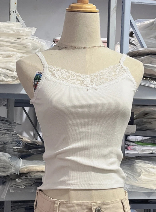 Sweet Solid Lace Trim Y2k Crop Top Casual White Ribbed Cotton Sleeveless Summer Camis Women Vintage Cute Slim Tank Tops 2023