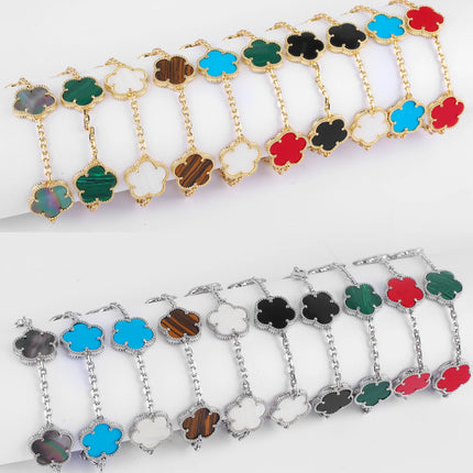 Hot Sale Premium 15mm Natural Stone White Shell Five Leaf Flower Bracelet Gold Silver Lucky bangle For Women Girls Party Daily