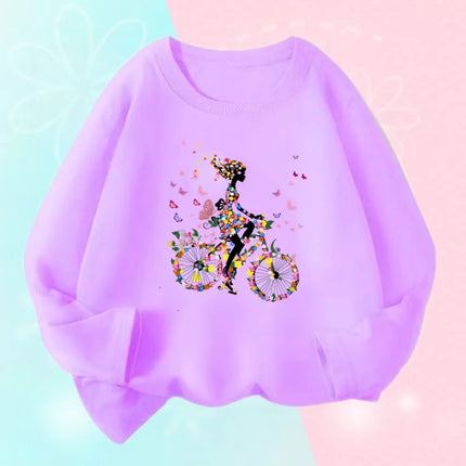 Kids T Shirt Floral Girl with Heart Bicycle Print Tops Girls Casual Cute Graphic Tee Shirt Long Sleeve Cartoon T-shirts