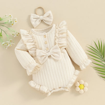 Pudcoco Infant Newborn Baby Girls Autumn Ruffle Romper Long Sleeve Crew Neck Button Up Romper with Headband 0-12M