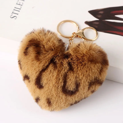 New Heart Plush Hair Ball Keychain Women Leopard Pompom Love Car Key Chain Bags Pendant Hairball Key Rings Jewelry llaveros 키링