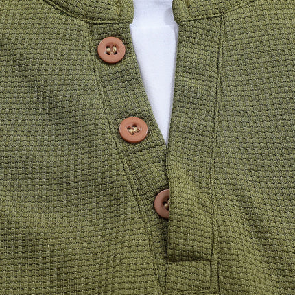 Men's New  Button Henley neck Shirt Long Sleeve Casual Button Solid color T-Shirt Fashion Waffle Cotton Fake two-piece T-Shirt